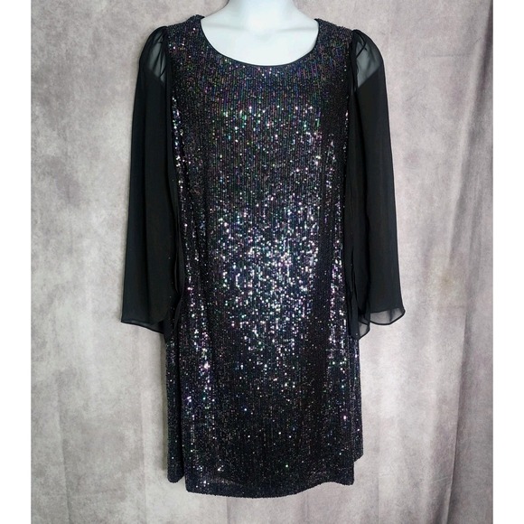 connected apparel Dresses & Skirts - CONNECTED Plus Size Sequined‎ Chiffon Sleeve Dress Black Size 18W Party Holiday